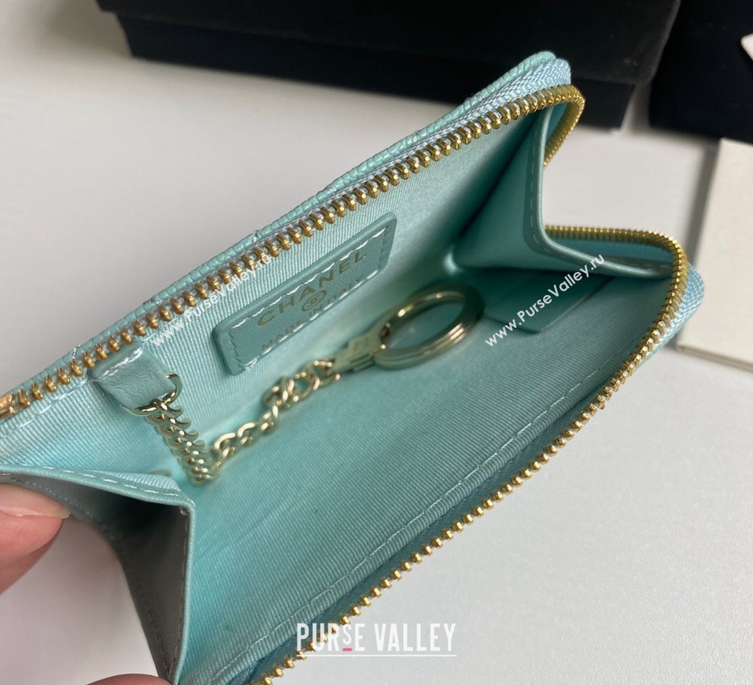 Chanel Grained Calfskin Zip Card Holder Wallet Light Green 2024 AP0221 (yezi-241107027)