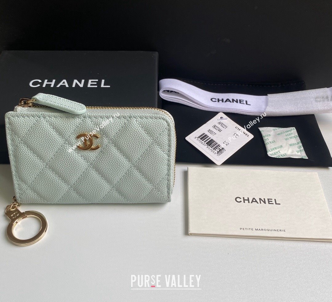 Chanel Grained Calfskin Zip Card Holder Wallet Pale Green 2024 AP0221 (yezi-241107029)