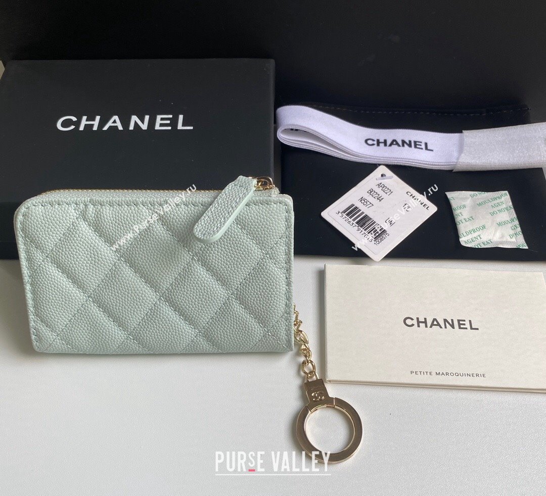 Chanel Grained Calfskin Zip Card Holder Wallet Pale Green 2024 AP0221 (yezi-241107029)