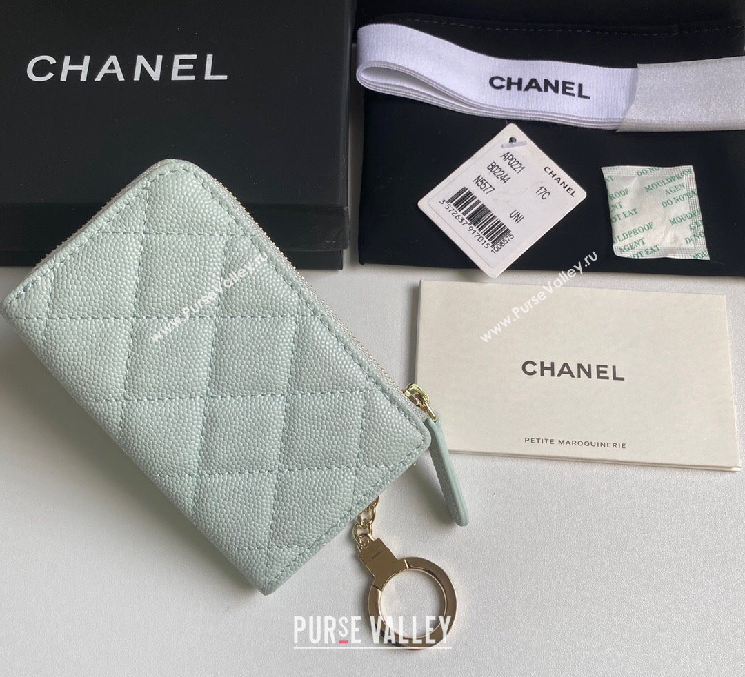 Chanel Grained Calfskin Zip Card Holder Wallet Pale Green 2024 AP0221 (yezi-241107029)