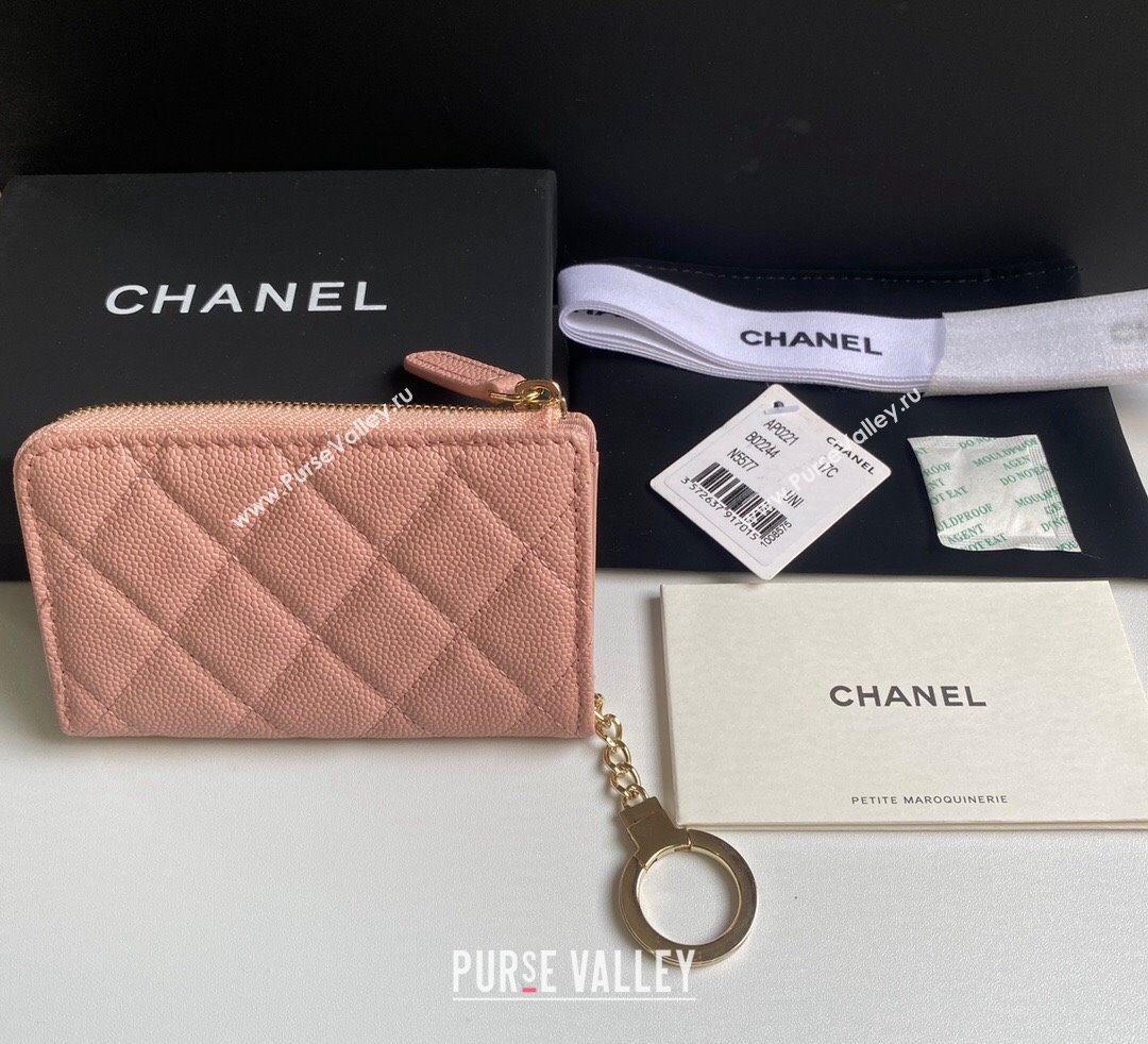 Chanel Grained Calfskin Zip Card Holder Wallet Light Pink 2024 AP0221 (yezi-241107030)