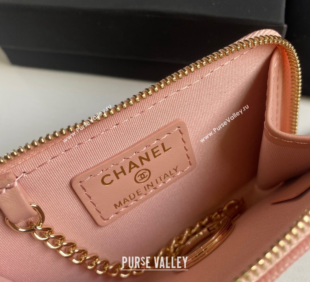 Chanel Grained Calfskin Zip Card Holder Wallet Light Pink 2024 AP0221 (yezi-241107030)