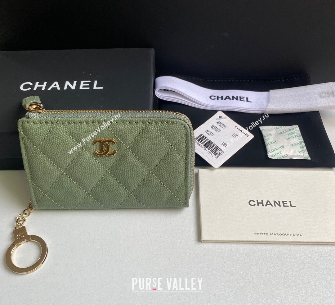 Chanel Grained Calfskin Zip Card Holder Wallet Avocado Green 2024 AP0221 (yezi-241107031)