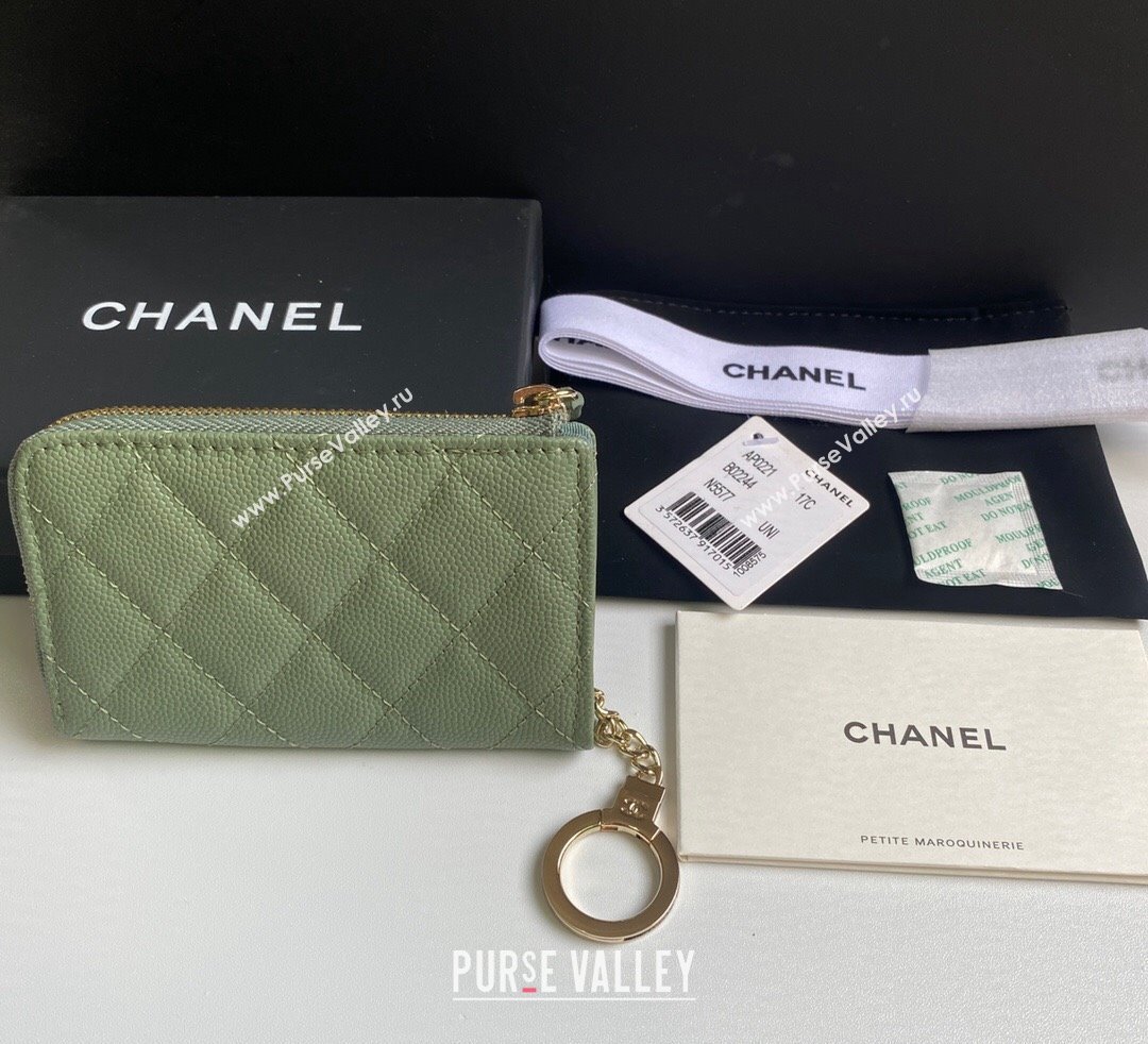 Chanel Grained Calfskin Zip Card Holder Wallet Avocado Green 2024 AP0221 (yezi-241107031)