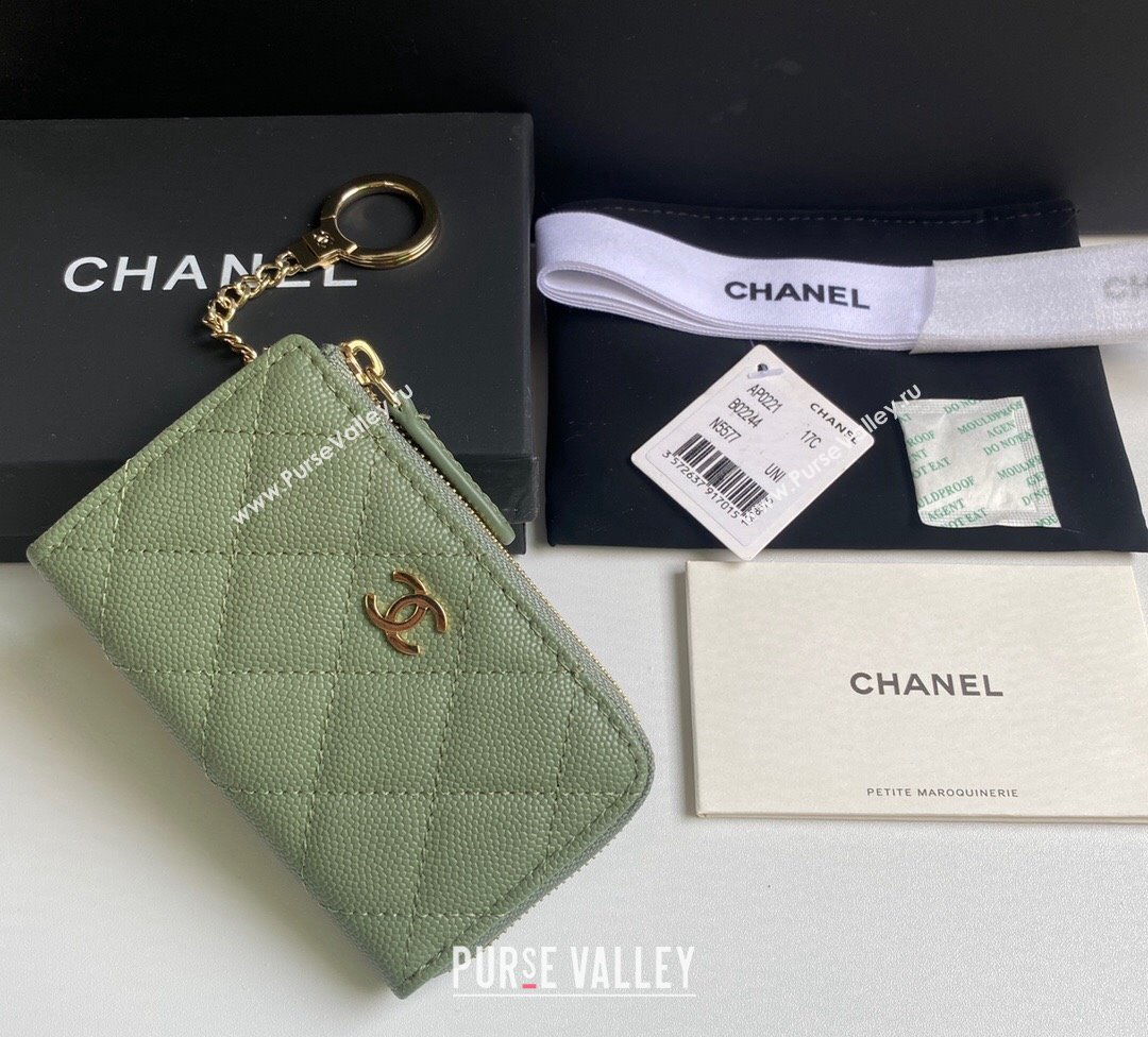 Chanel Grained Calfskin Zip Card Holder Wallet Avocado Green 2024 AP0221 (yezi-241107031)