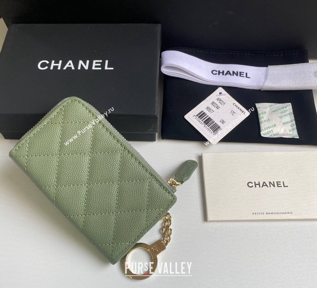 Chanel Grained Calfskin Zip Card Holder Wallet Avocado Green 2024 AP0221 (yezi-241107031)