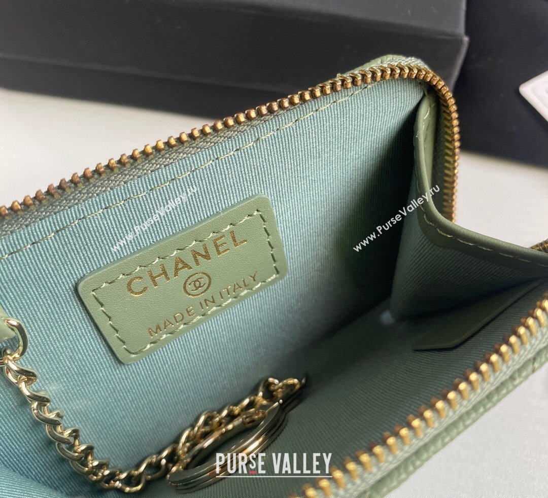 Chanel Grained Calfskin Zip Card Holder Wallet Avocado Green 2024 AP0221 (yezi-241107031)