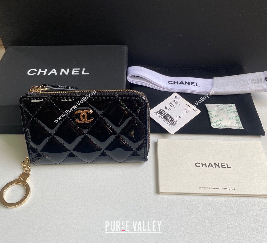 Chanel Patent Calfskin Zip Card Holder Wallet Black 2024 AP0221 (yezi-241107035)