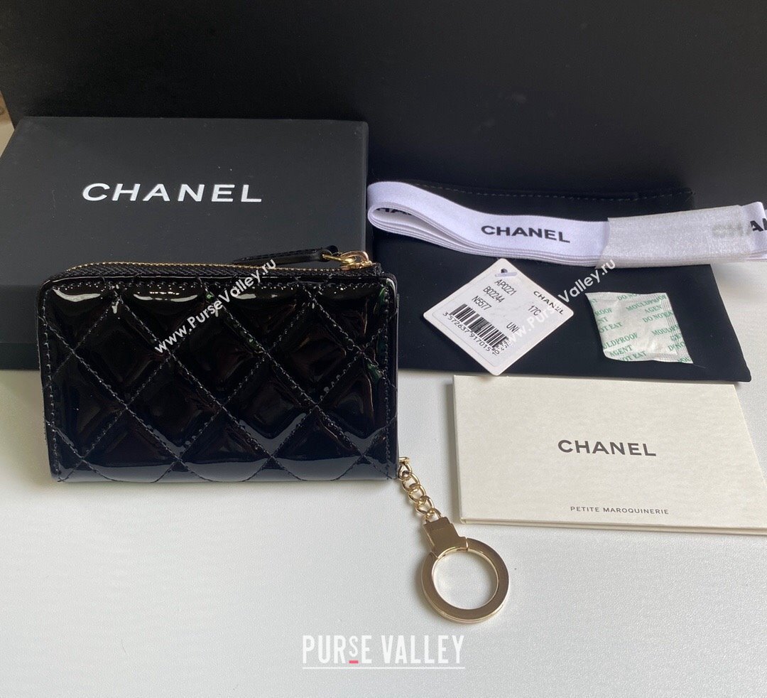 Chanel Patent Calfskin Zip Card Holder Wallet Black 2024 AP0221 (yezi-241107035)