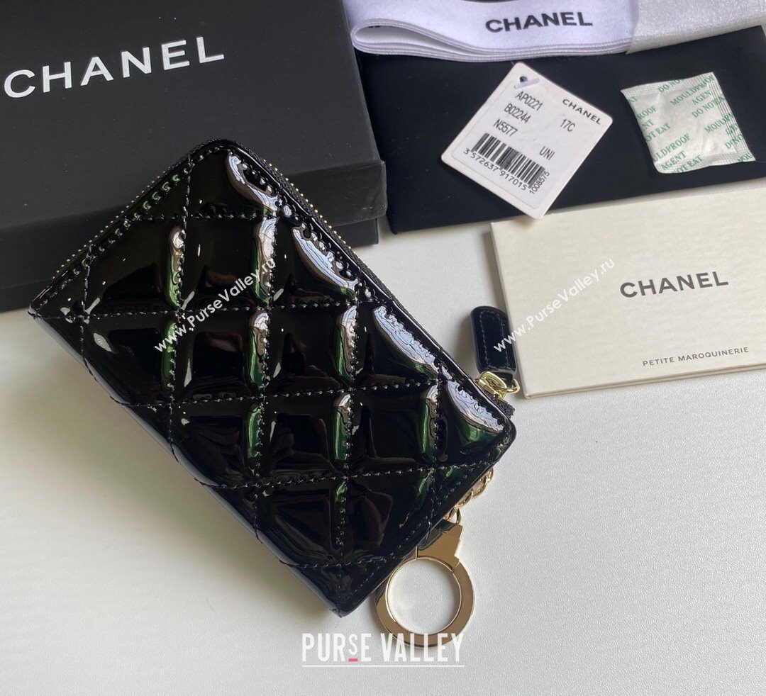 Chanel Patent Calfskin Zip Card Holder Wallet Black 2024 AP0221 (yezi-241107035)