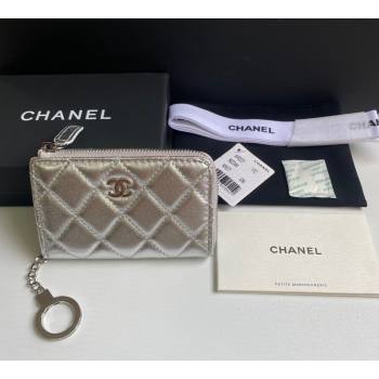 Chanel Metallic Calfskin Zip Card Holder Wallet Silver 2024 AP0221 (yezi-241107036)