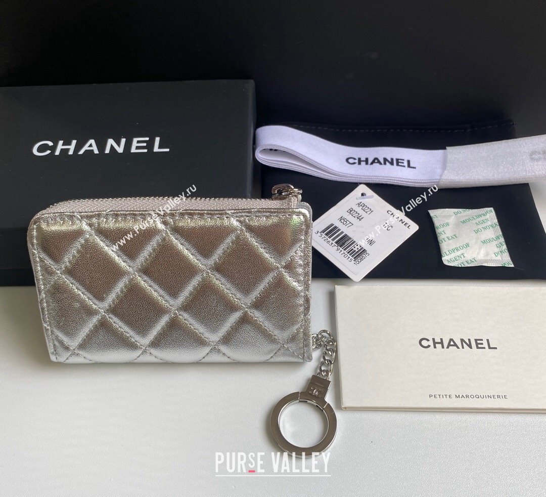 Chanel Metallic Calfskin Zip Card Holder Wallet Silver 2024 AP0221 (yezi-241107036)