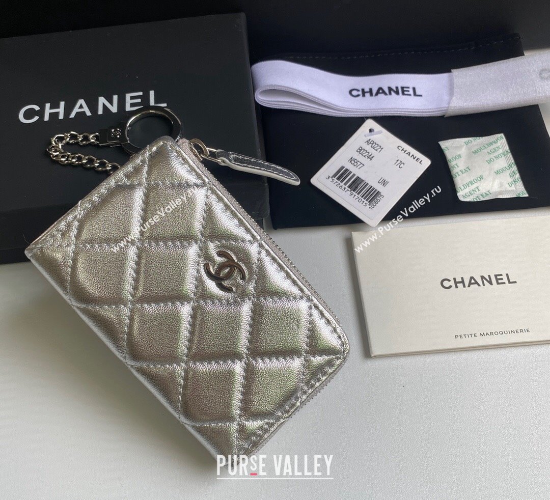 Chanel Metallic Calfskin Zip Card Holder Wallet Silver 2024 AP0221 (yezi-241107036)