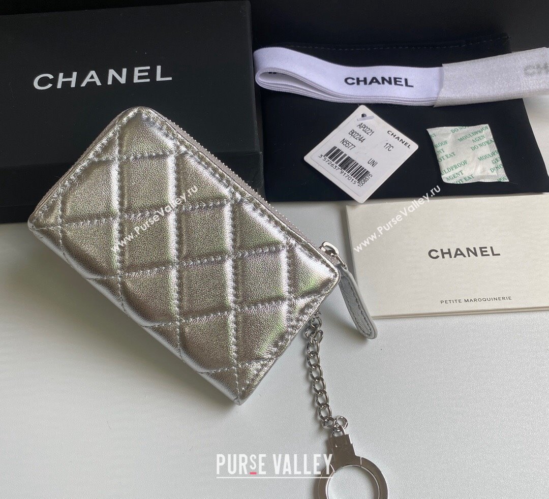 Chanel Metallic Calfskin Zip Card Holder Wallet Silver 2024 AP0221 (yezi-241107036)