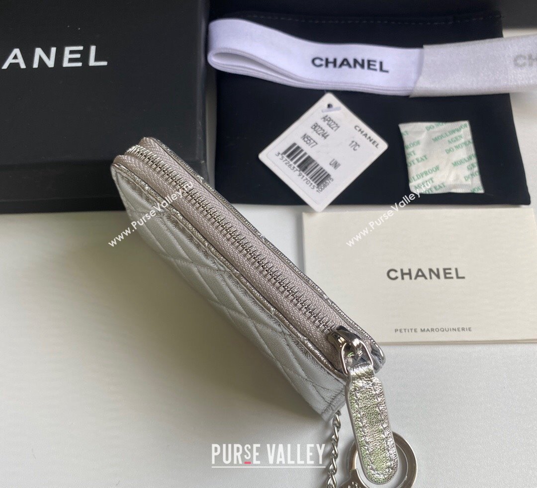 Chanel Metallic Calfskin Zip Card Holder Wallet Silver 2024 AP0221 (yezi-241107036)