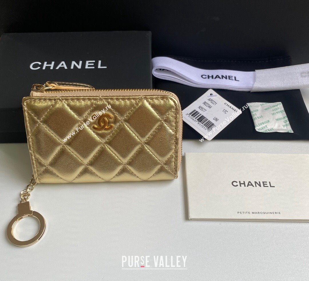 Chanel Metallic Calfskin Zip Card Holder Wallet Gold 2024 AP0221 (yezi-241107037)