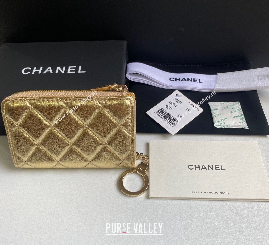 Chanel Metallic Calfskin Zip Card Holder Wallet Gold 2024 AP0221 (yezi-241107037)