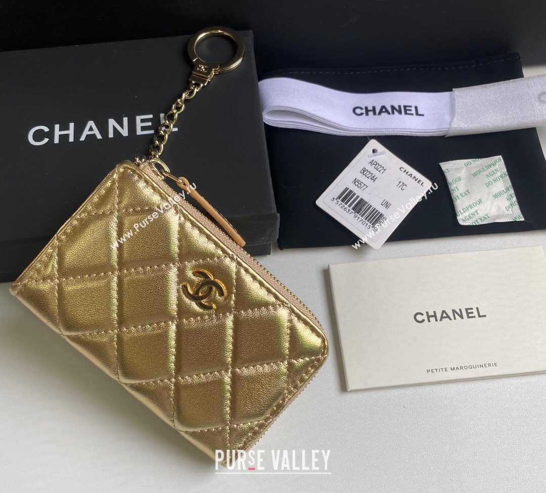 Chanel Metallic Calfskin Zip Card Holder Wallet Gold 2024 AP0221 (yezi-241107037)