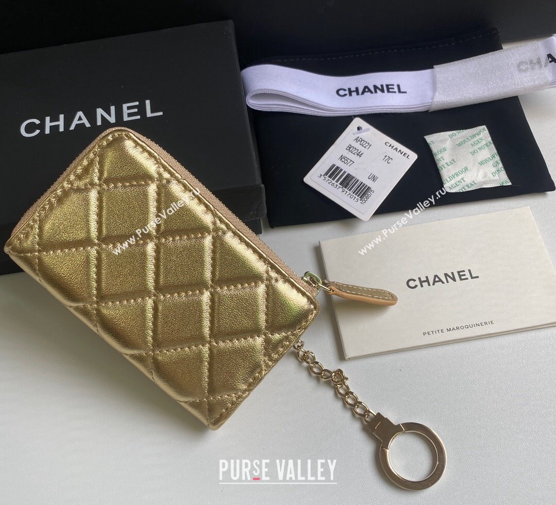 Chanel Metallic Calfskin Zip Card Holder Wallet Gold 2024 AP0221 (yezi-241107037)