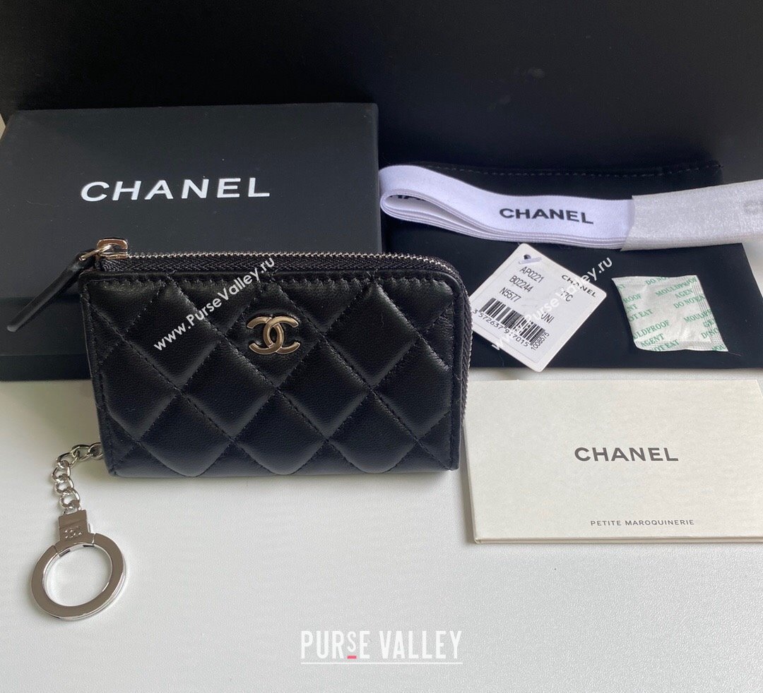 Chanel Lambskin Zip Card Holder Wallet Black/Silver 2024 AP0221 (yezi-241107038)