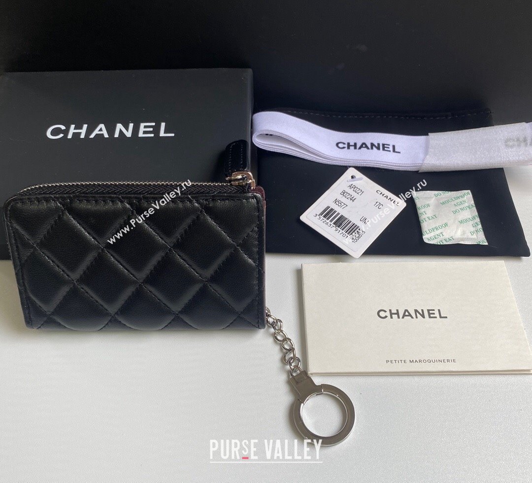 Chanel Lambskin Zip Card Holder Wallet Black/Silver 2024 AP0221 (yezi-241107038)