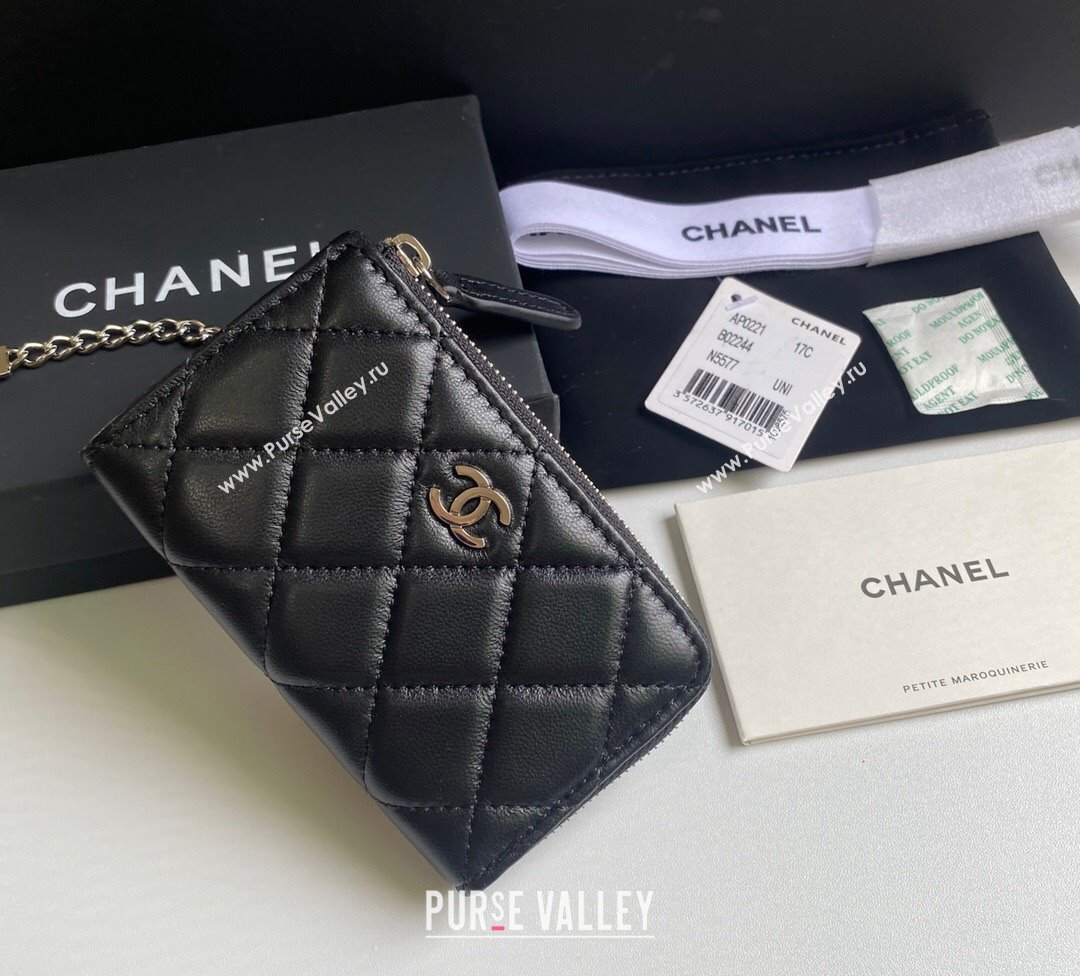 Chanel Lambskin Zip Card Holder Wallet Black/Silver 2024 AP0221 (yezi-241107038)