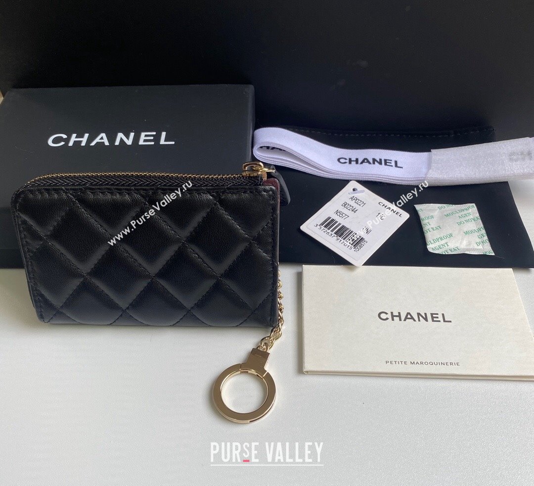 Chanel Lambskin Zip Card Holder Wallet Black/Gold 2024 AP0221 (yezi-241107039)