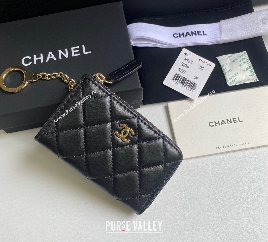 Chanel Lambskin Zip Card Holder Wallet Black/Gold 2024 AP0221 (yezi-241107039)