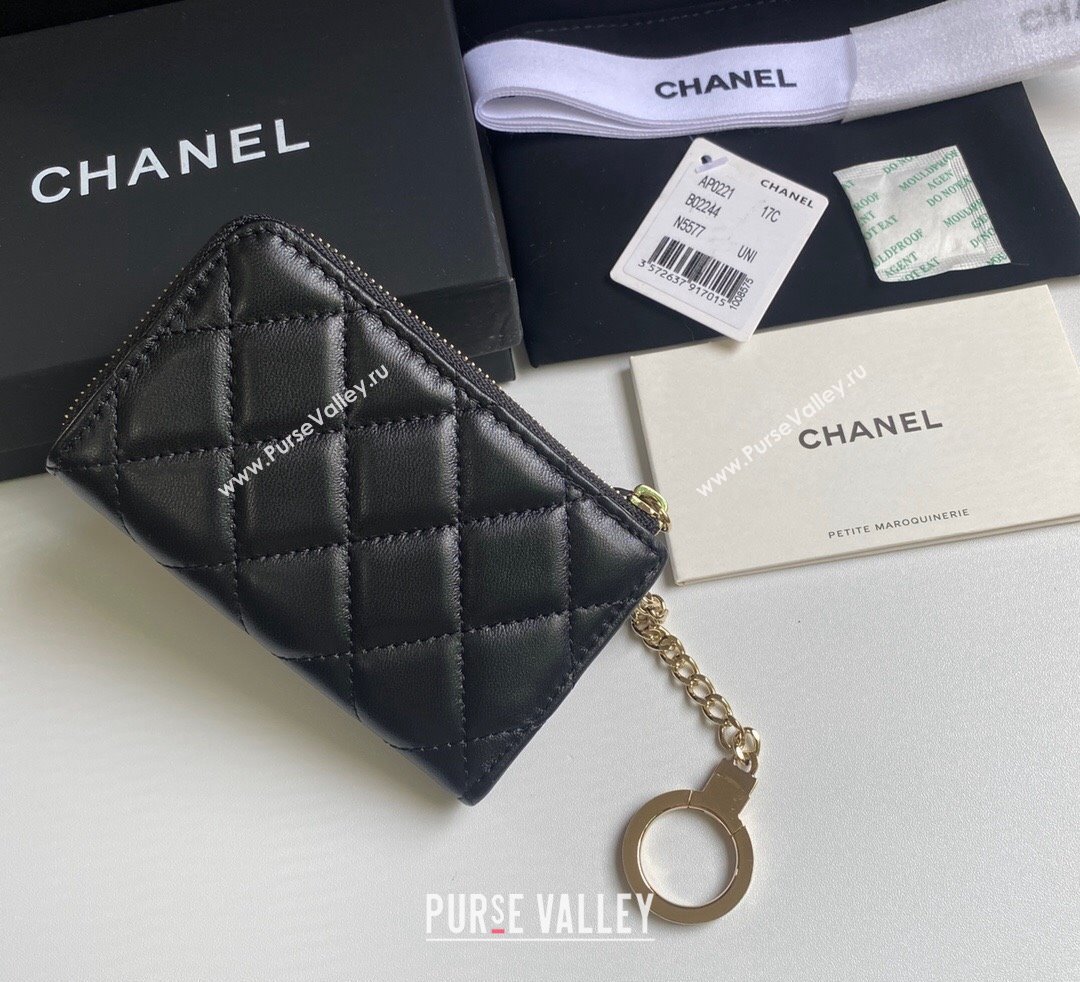 Chanel Lambskin Zip Card Holder Wallet Black/Gold 2024 AP0221 (yezi-241107039)