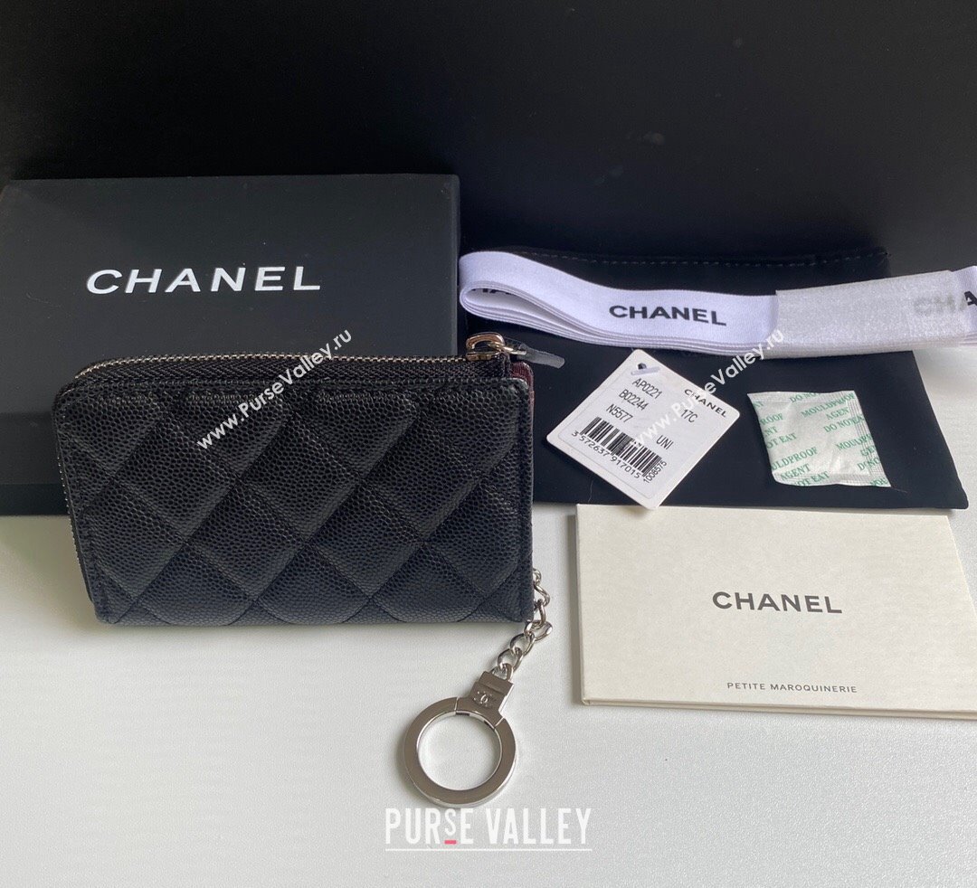 Chanel Grained Calfskin Zip Card Holder Wallet Black/Silver 2024 AP0221 (yezi-241107040)