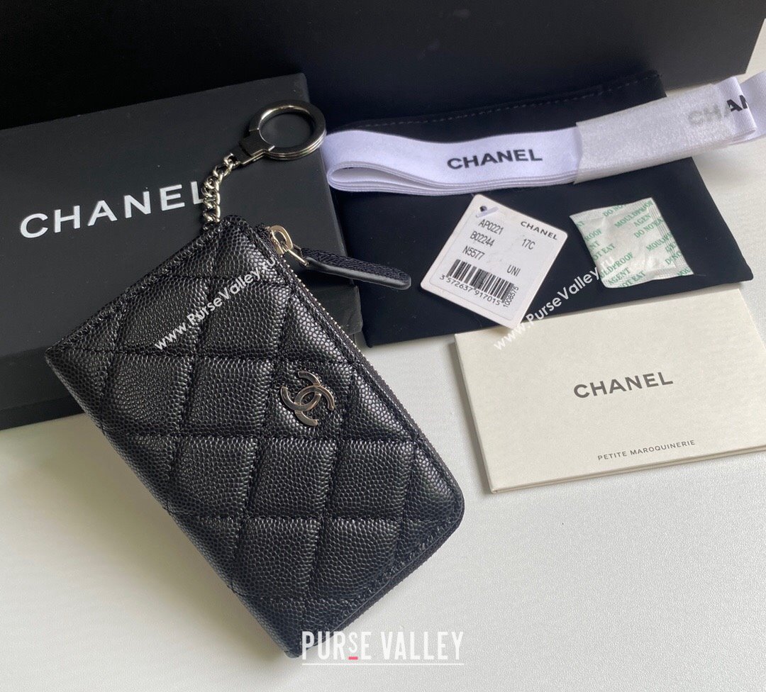 Chanel Grained Calfskin Zip Card Holder Wallet Black/Silver 2024 AP0221 (yezi-241107040)