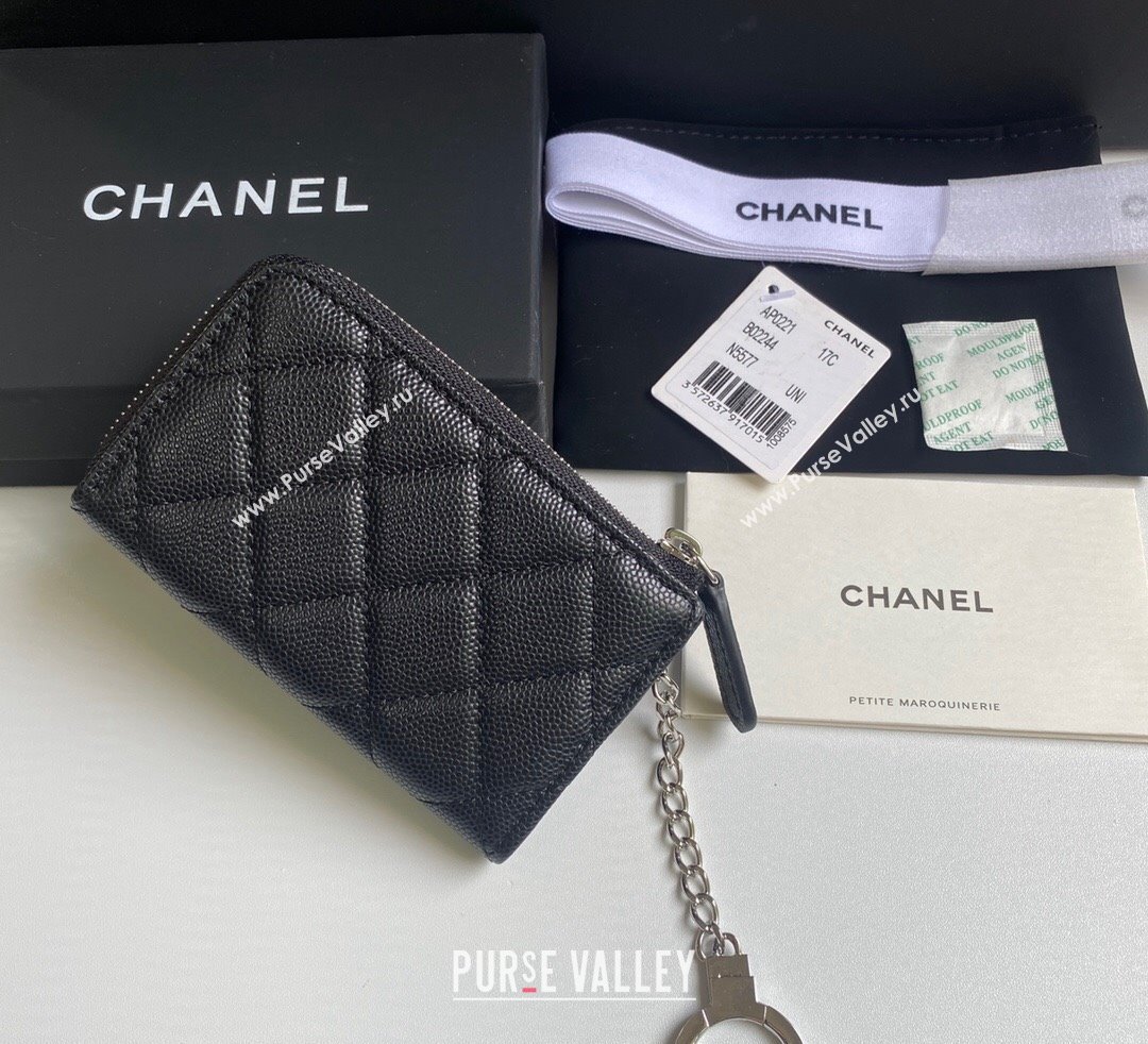 Chanel Grained Calfskin Zip Card Holder Wallet Black/Silver 2024 AP0221 (yezi-241107040)