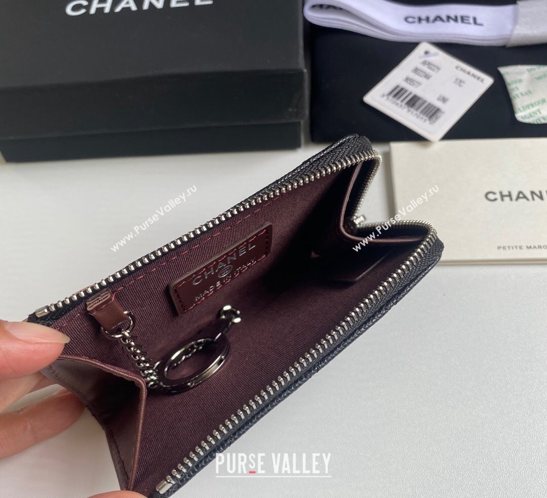 Chanel Grained Calfskin Zip Card Holder Wallet Black/Silver 2024 AP0221 (yezi-241107040)