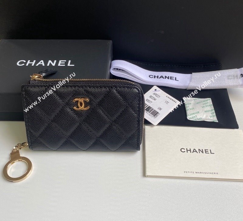 Chanel Grained Calfskin Zip Card Holder Wallet Black/Gold 2024 AP0221 (yezi-241107041)