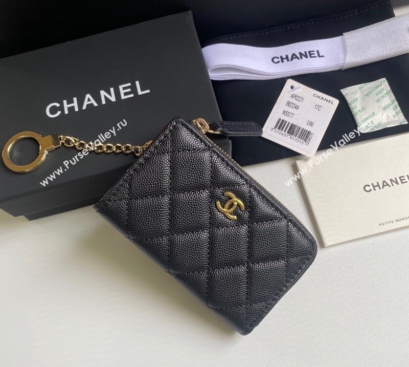 Chanel Grained Calfskin Zip Card Holder Wallet Black/Gold 2024 AP0221 (yezi-241107041)