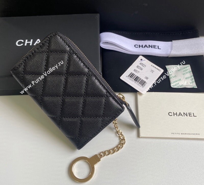 Chanel Grained Calfskin Zip Card Holder Wallet Black/Gold 2024 AP0221 (yezi-241107041)