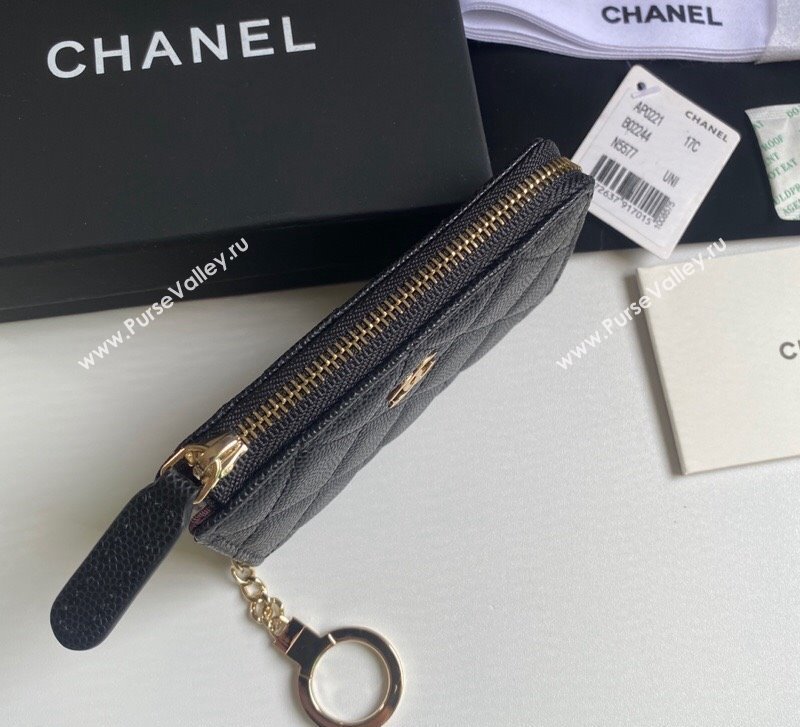 Chanel Grained Calfskin Zip Card Holder Wallet Black/Gold 2024 AP0221 (yezi-241107041)