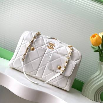 Chanel Shiny Calfskin Large Bowling Bag with Pockets White AS4933 2024 (yezi-241107048)