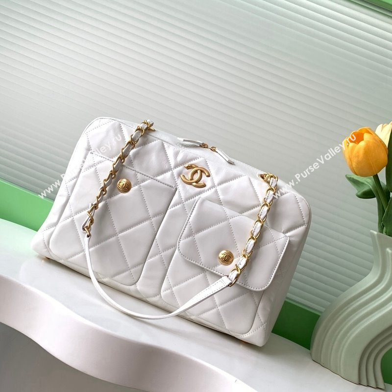 Chanel Shiny Calfskin Large Bowling Bag with Pockets White AS4933 2024 (yezi-241107048)