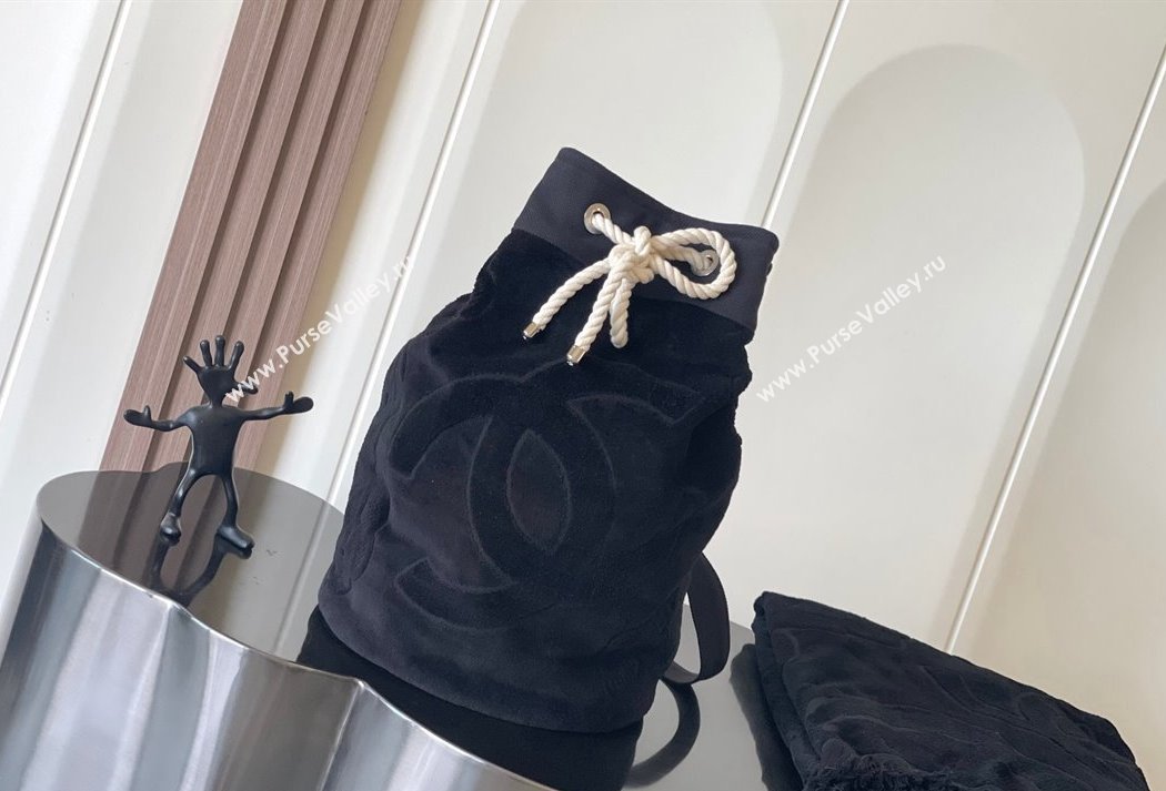 Chanel Beach Cotton Bucket Bag Blanket Set Black 2024 (yezi-241107049)