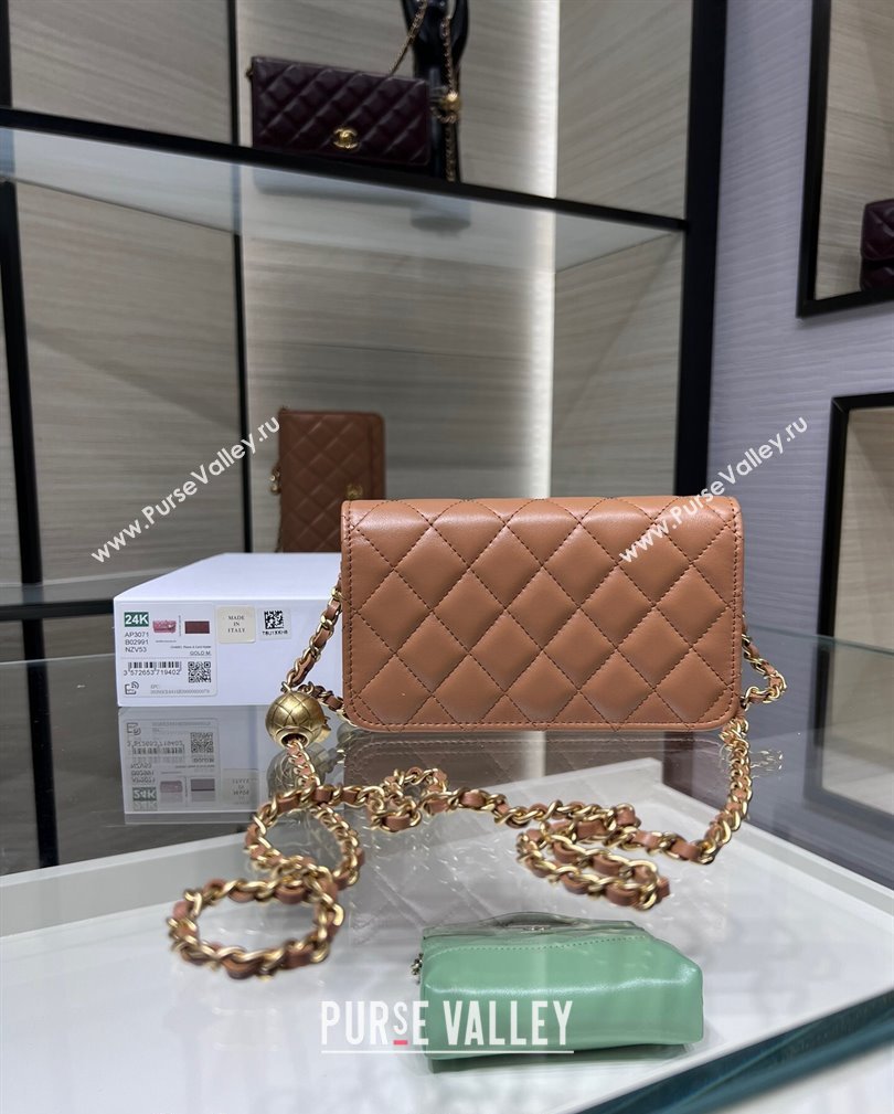 Chanel Lambskin Phone Holder with Chain and Gold-Tone Ball AP3071 Brown 2024 (yezi-241107070)