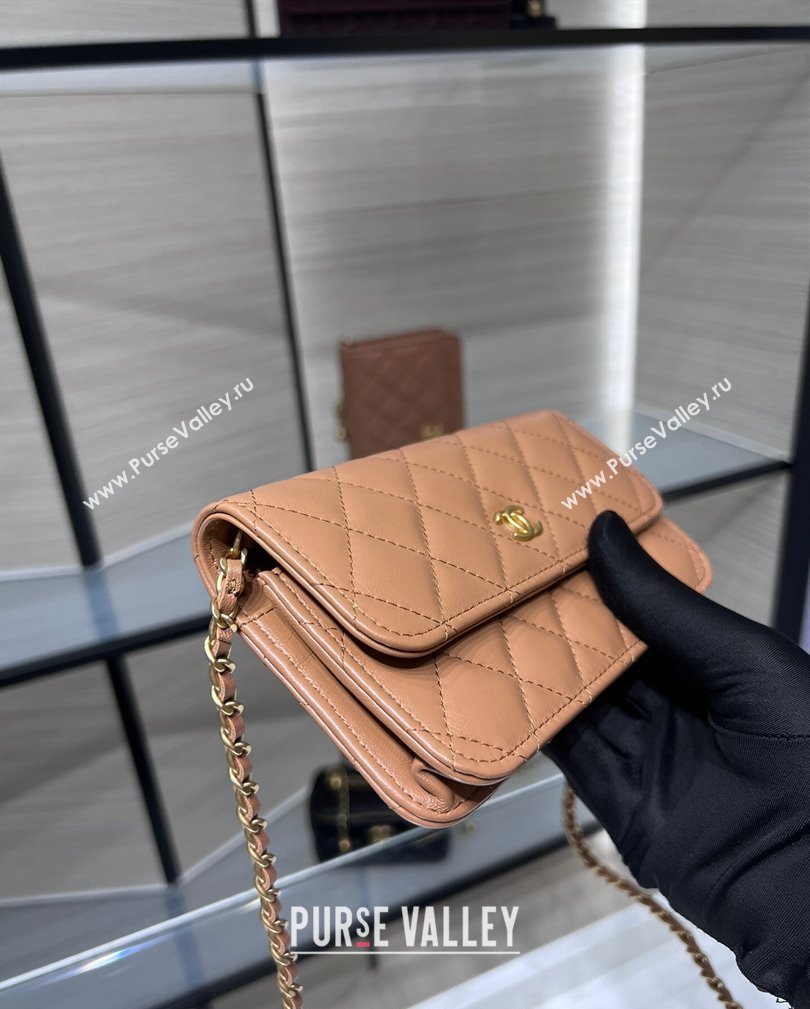 Chanel Lambskin Phone Holder with Chain and Gold-Tone Ball AP3071 Brown 2024 (yezi-241107070)