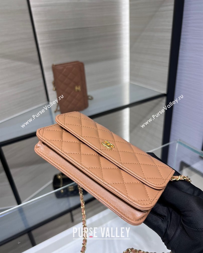 Chanel Lambskin Phone Holder with Chain and Gold-Tone Ball AP3071 Brown 2024 (yezi-241107070)