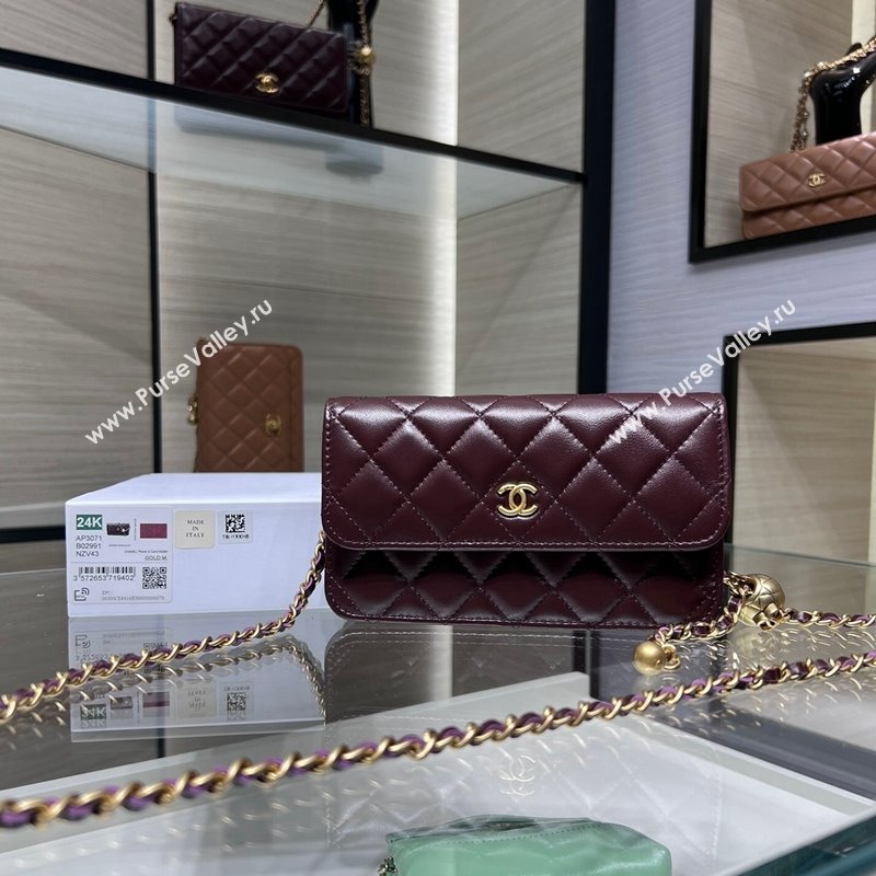 Chanel Lambskin Phone Holder with Chain and Gold-Tone Ball AP3071 Dark Burgundy 2024 (yezi-241107071)