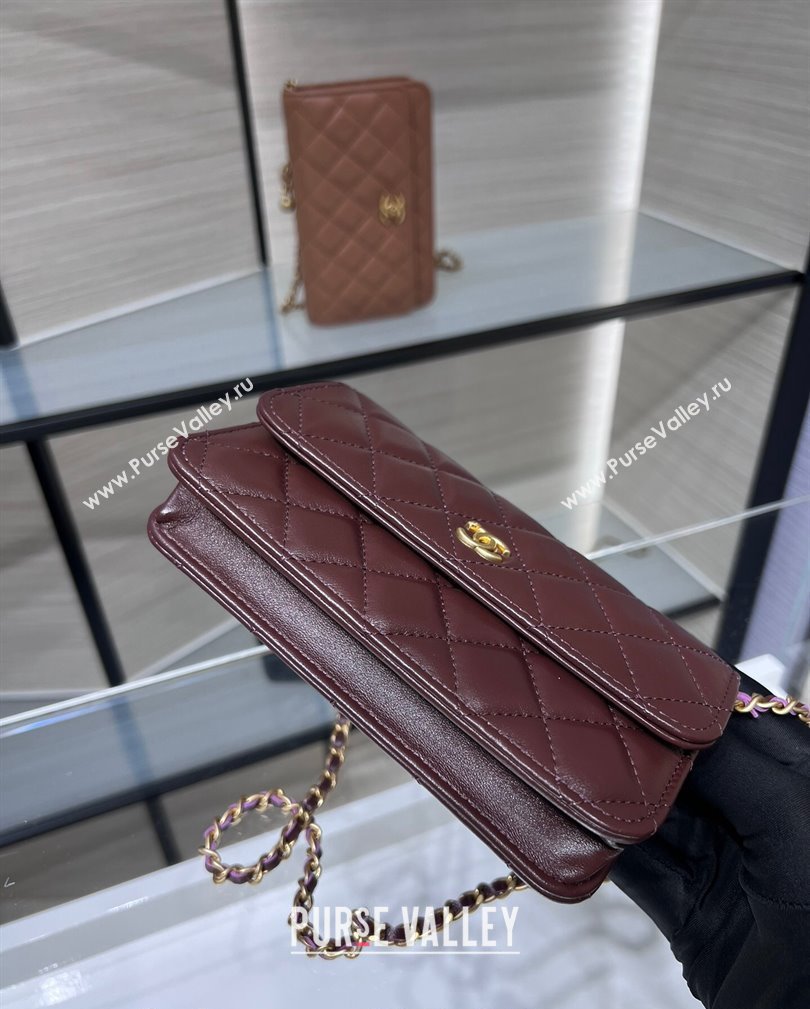 Chanel Lambskin Phone Holder with Chain and Gold-Tone Ball AP3071 Dark Burgundy 2024 (yezi-241107071)