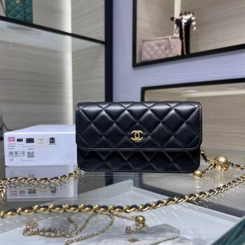 Chanel Lambskin Phone Holder with Chain and Gold-Tone Ball AP3071 Black 2024 (yezi-241107073)