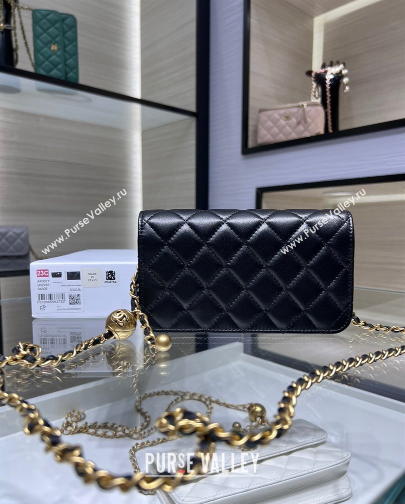 Chanel Lambskin Phone Holder with Chain and Gold-Tone Ball AP3071 Black 2024 (yezi-241107073)