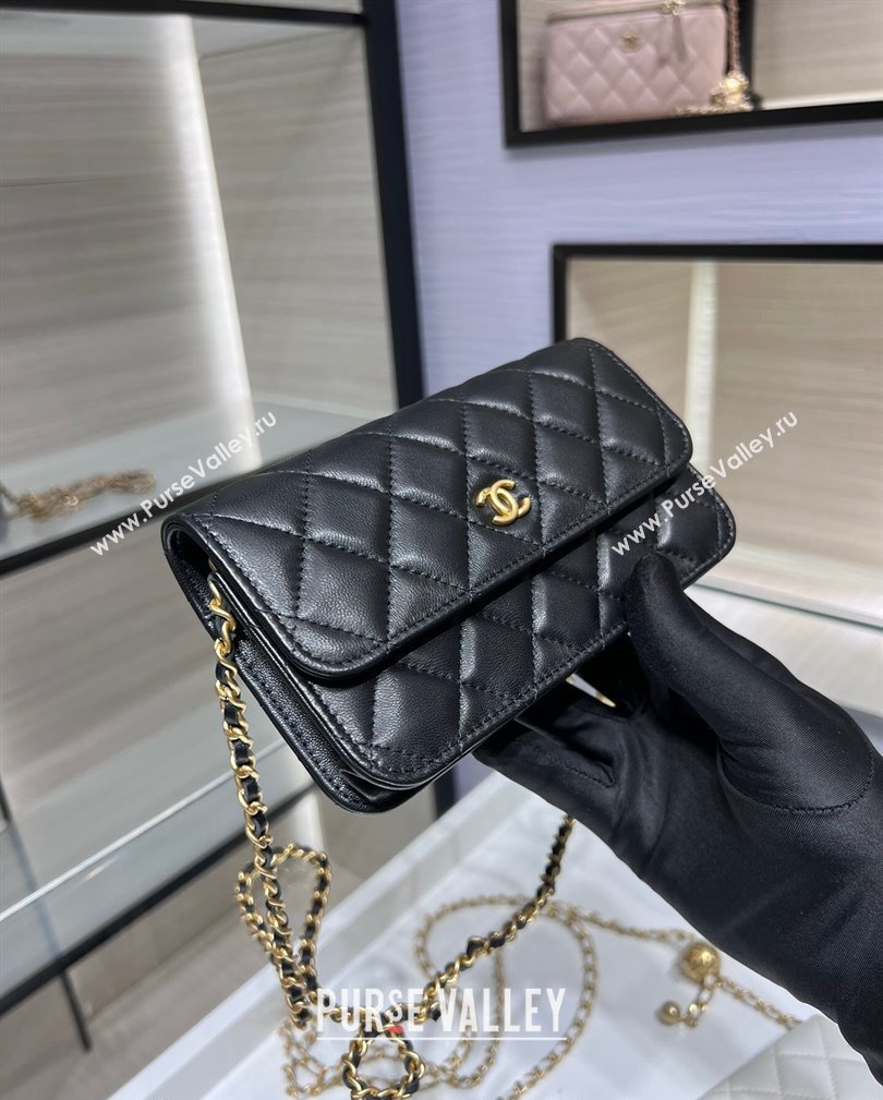 Chanel Lambskin Phone Holder with Chain and Gold-Tone Ball AP3071 Black 2024 (yezi-241107073)