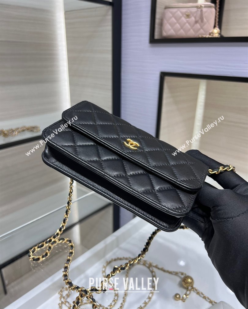 Chanel Lambskin Phone Holder with Chain and Gold-Tone Ball AP3071 Black 2024 (yezi-241107073)