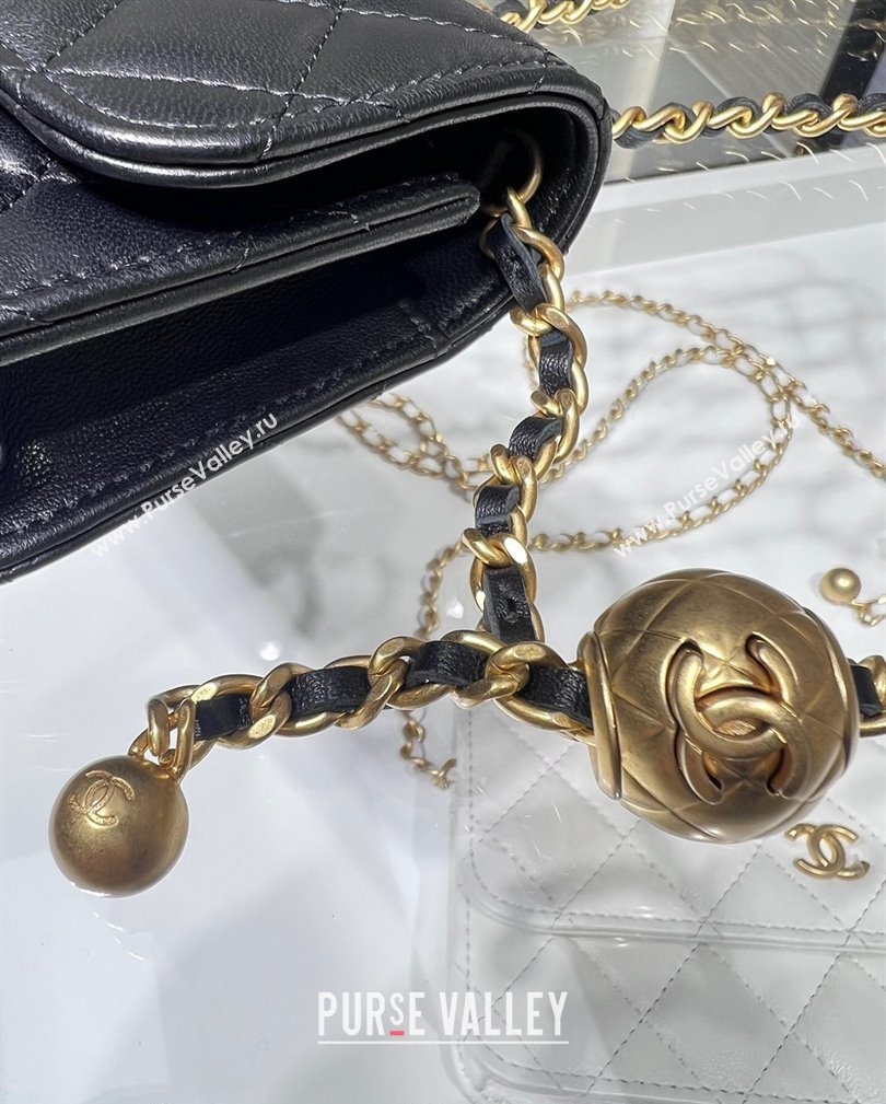 Chanel Lambskin Phone Holder with Chain and Gold-Tone Ball AP3071 Black 2024 (yezi-241107073)